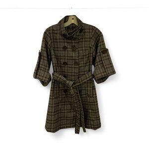 Brown and grey Plaid Double-Breasted Coat with Belt